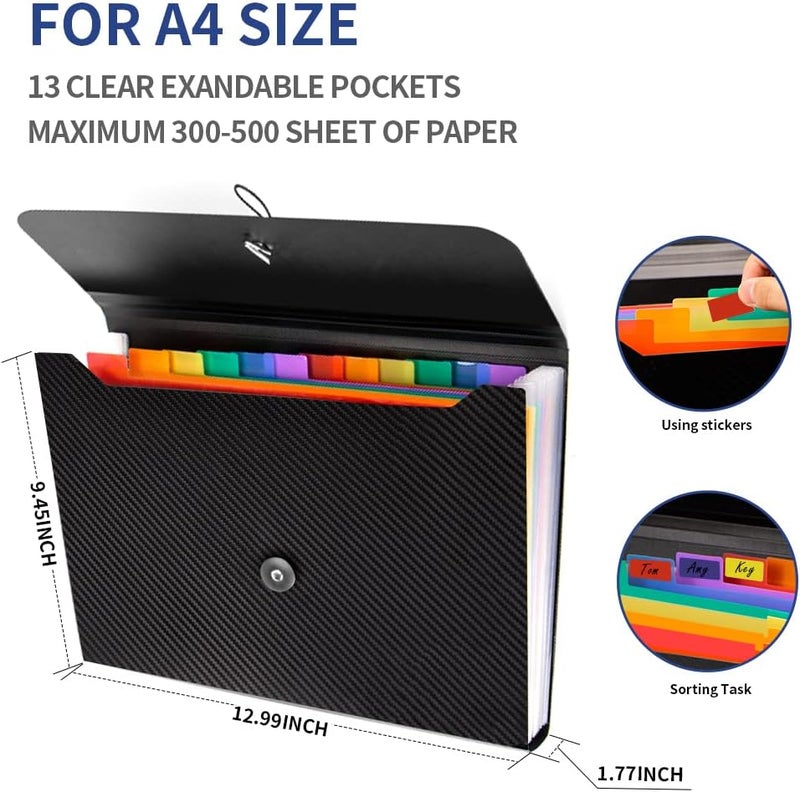 Nicecho 2Pcs Expanding File Folder, 13 Pockets Accordion File Holder Organizer, A4 Letter Size Paper Document Receipt Organizer Accordian Filing Folder for Classroom, Home, Office and Travel - Image 3